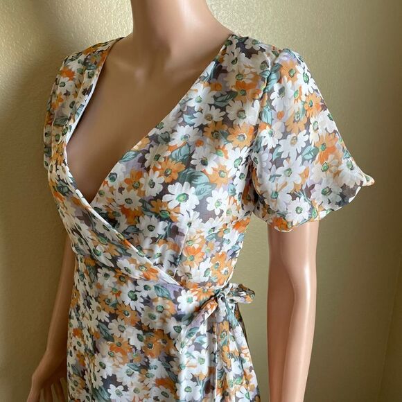 Mango Floral Puff Sleeve Side Tie MIDI Dress - Picture 8 of 9